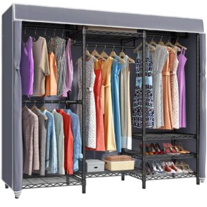 vipek v5c portable clothes closet wardrobe bedroom armoires heavy duty covered clothes rack, black metal clothing rack with grey oxford fabric cover, adjustable custom closet rack 70.1"lx17.3"wx76.4"h