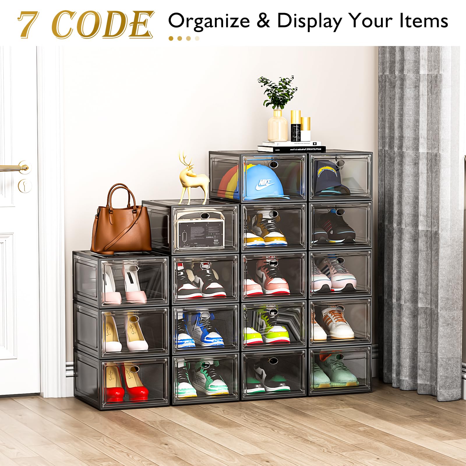 Large Clear Shoe Boxes Organizer【Thicker Material】Stronger Shoe Box with Magnetic Door, Stackable Shoe Storage Box for Closet, Foldable Space-Saving Storage Bins, Transparent and Black 【9-Pack】