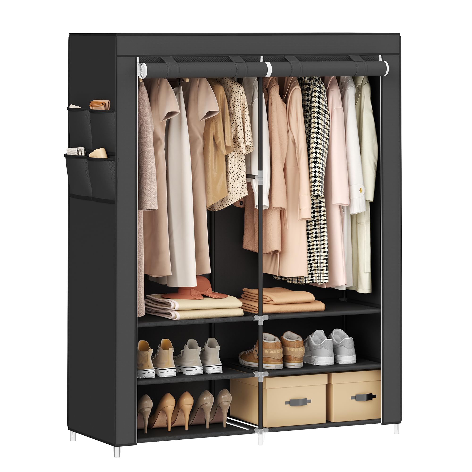 SONGMICS Portable Closet Wardrobe with Shoe Rack and Cover, Closet Storage Organizer, 2 Hanging Rods, Shelves, and 4 Side Pockets, 50 x 17.7 x 69.3 Inches, Spacious for Bedroom, Black URYG008B02