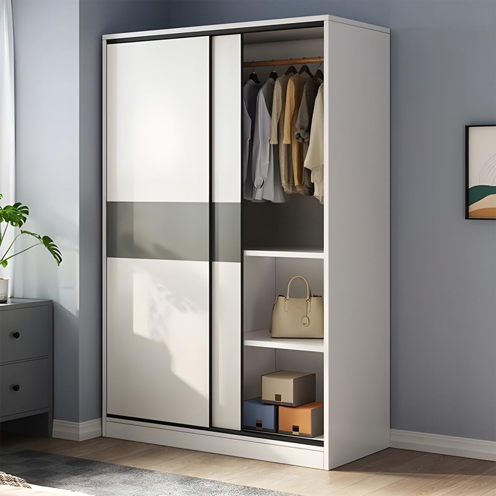 LITFAD Sliding Door Wardrobe Wooden Minimalistic Bedroom Armoires Modern Clothes Cabinet Functional Closet for Clothing with Shelves and Clothing Rods for Bedroom Storage,White-39.5"L x 18"W x 71"H