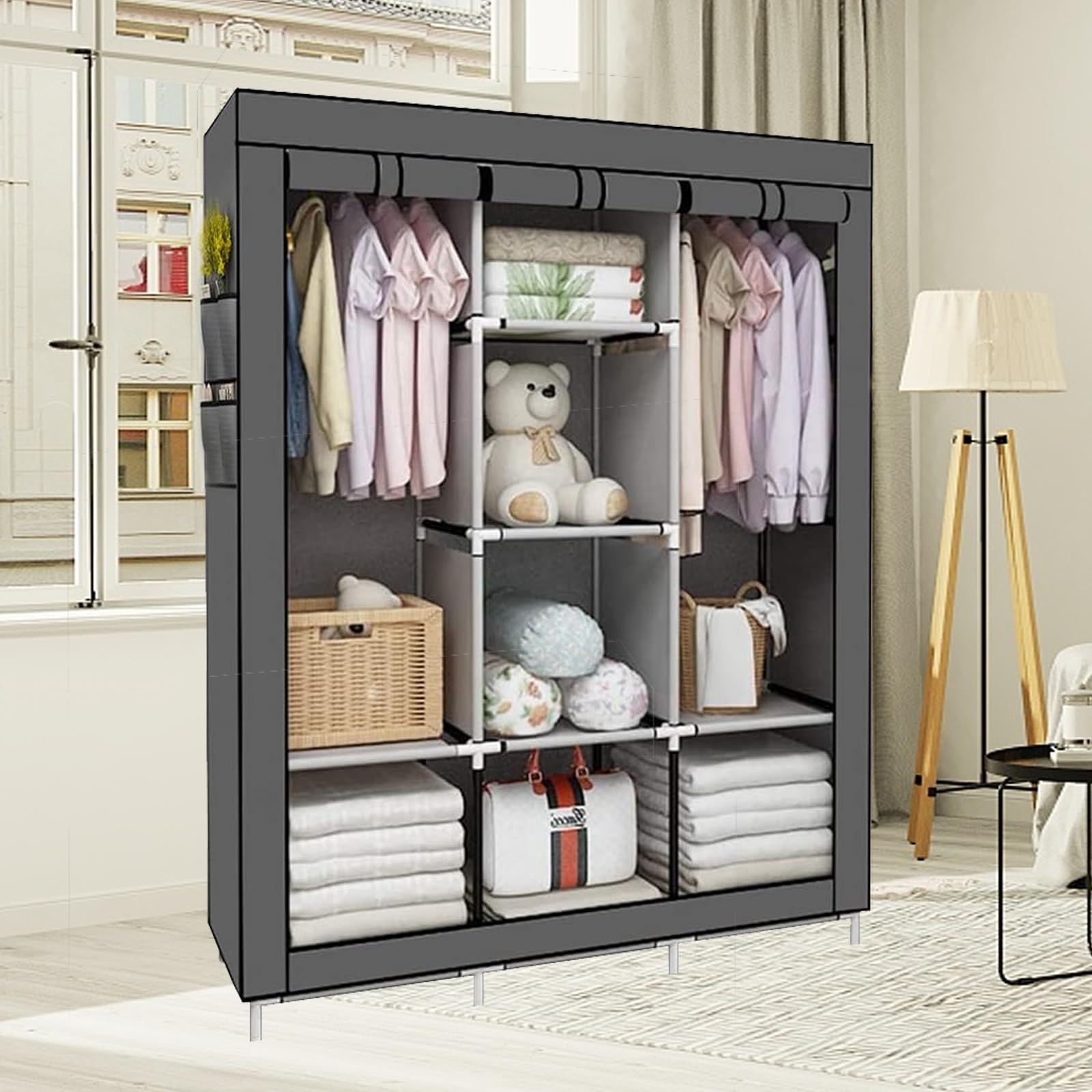 PLKO Portable Wardrobe, Closet Storage Organizer,Portable Clothes Closet Rolling Door Wardrobe with Black Oxford Fabric Cover, Durable and Easy to Assemble(Grey)