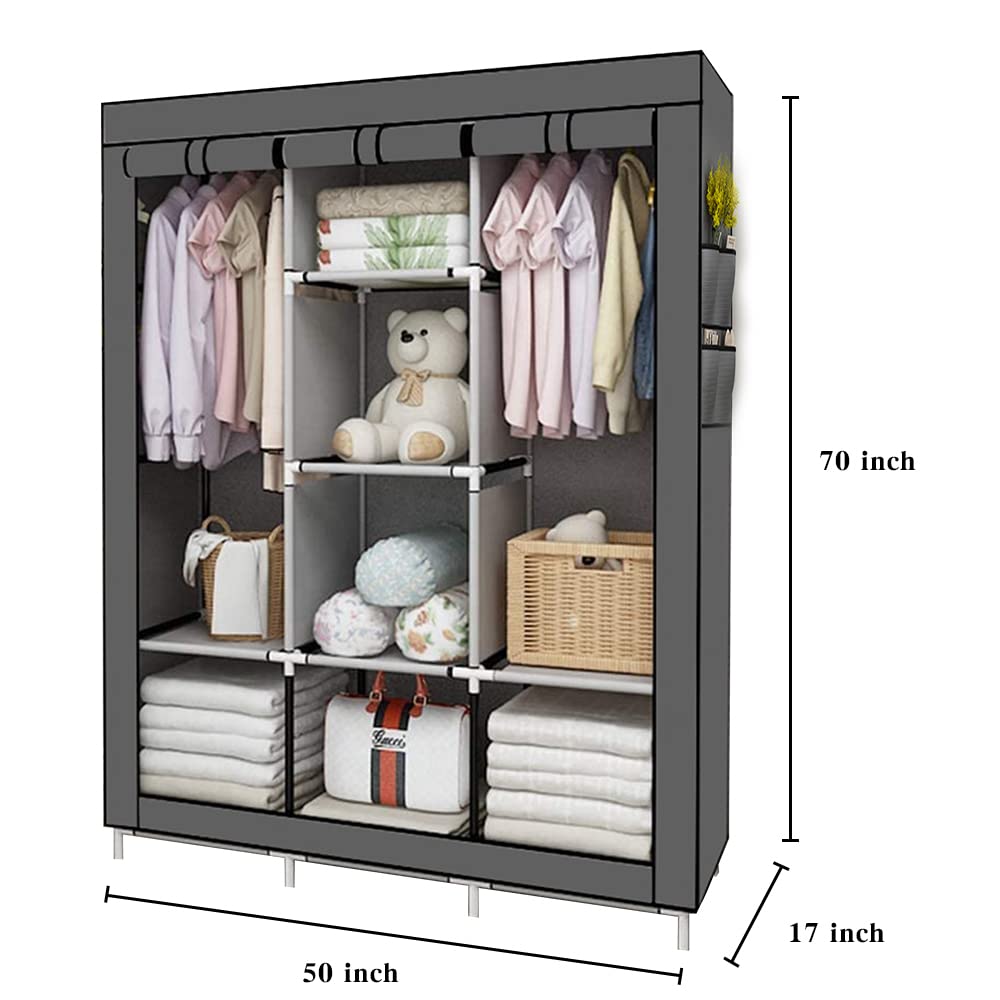 PLKO Portable Wardrobe, Closet Storage Organizer,Portable Clothes Closet Rolling Door Wardrobe with Black Oxford Fabric Cover, Durable and Easy to Assemble(Grey)