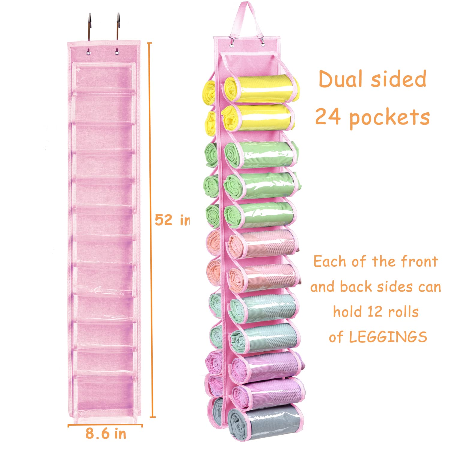 Legging Storage Bag Storage Hanger Can Holds 24 Leggings or Shirts Jeans Compartment Storage Hanger, Foldable Leggings Organizer Clothes Portable Closets Roll Holder (Pink)