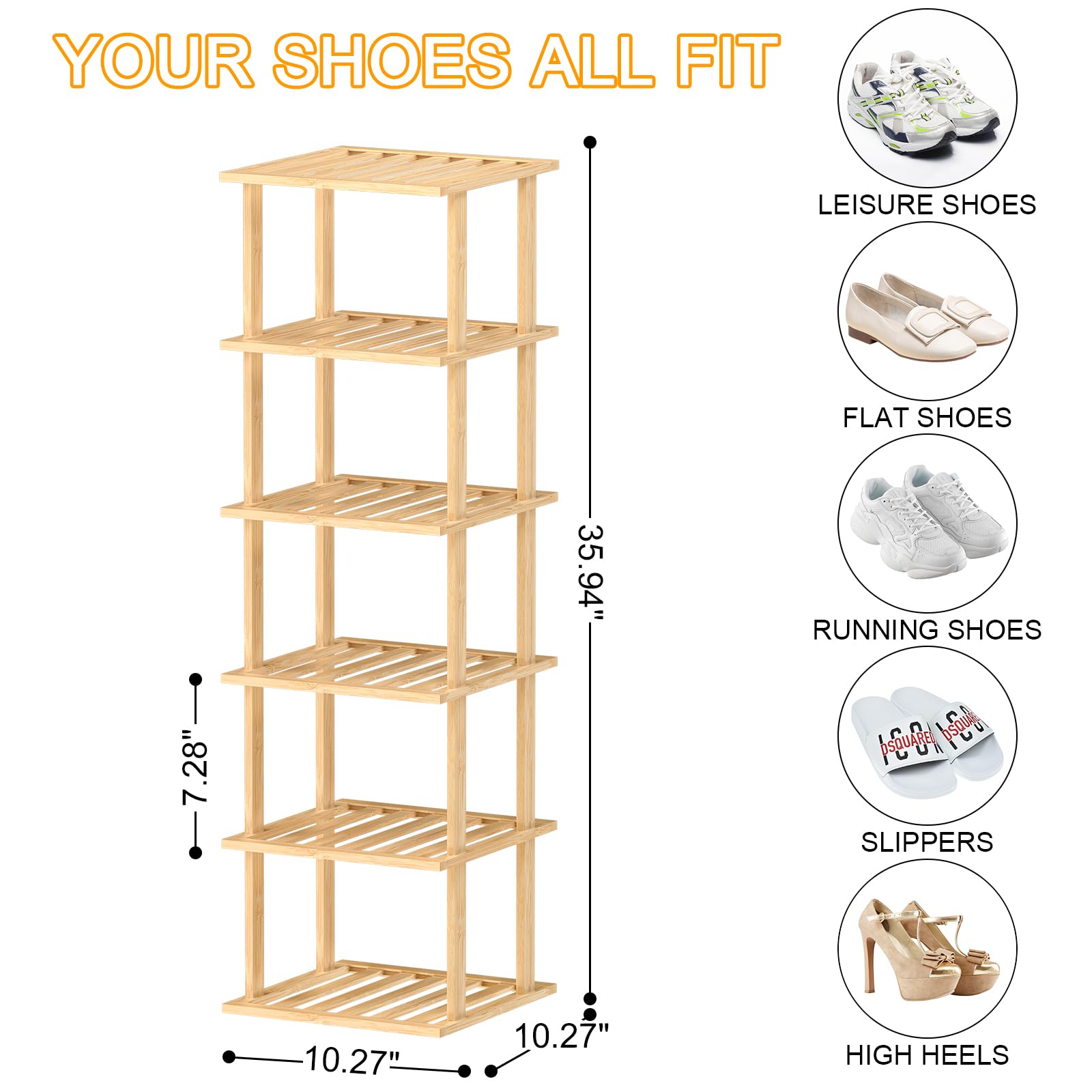 Bamboo Shoe Rack - Vertical Shoe Rack for Small Spaces, Skinny Shoe Shelf Space Saving Storage, Tall Vertical Narrow Shoe Rack for Front Door Entrance Closet Corner Garage