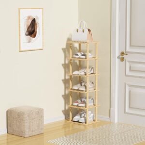 Bamboo Shoe Rack - Vertical Shoe Rack for Small Spaces, Skinny Shoe Shelf Space Saving Storage, Tall Vertical Narrow Shoe Rack for Front Door Entrance Closet Corner Garage