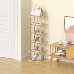 Bamboo Shoe Rack - Vertical Shoe Rack for Small Spaces, Skinny Shoe Shelf Space Saving Storage, Tall Vertical Narrow Shoe Rack for Front Door Entrance Closet Corner Garage