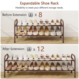 Gewudraw 2-Tier Shoe Rack Expandable, Width Adjustable Shoe Shelf Storage Organizer, 41.53'' Metal Standing Shoe Rack for Bedroom Entryway Closet, Holds up to 12 Pairs Shoes, Brown