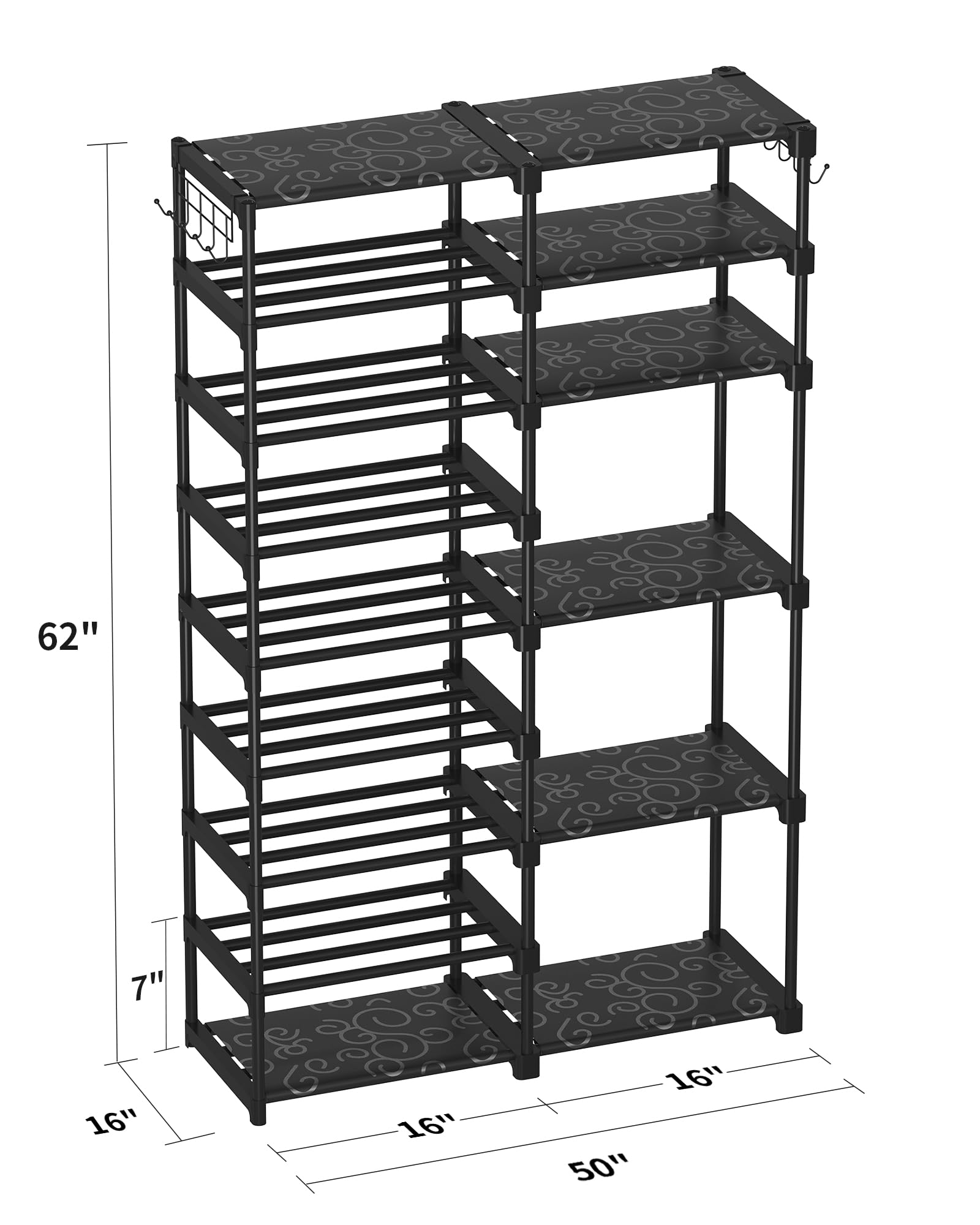 TIMEBAL 9 Tier Shoe Rack Organizer, 32-40 Pairs Shoe Storage Shelf, Shoe Stand with 2 Hooks, Shoe Rack for Closet, Stackable Shoe Rack for Boot & Shoe Storage, Removable & Dust Large Shoe Rack