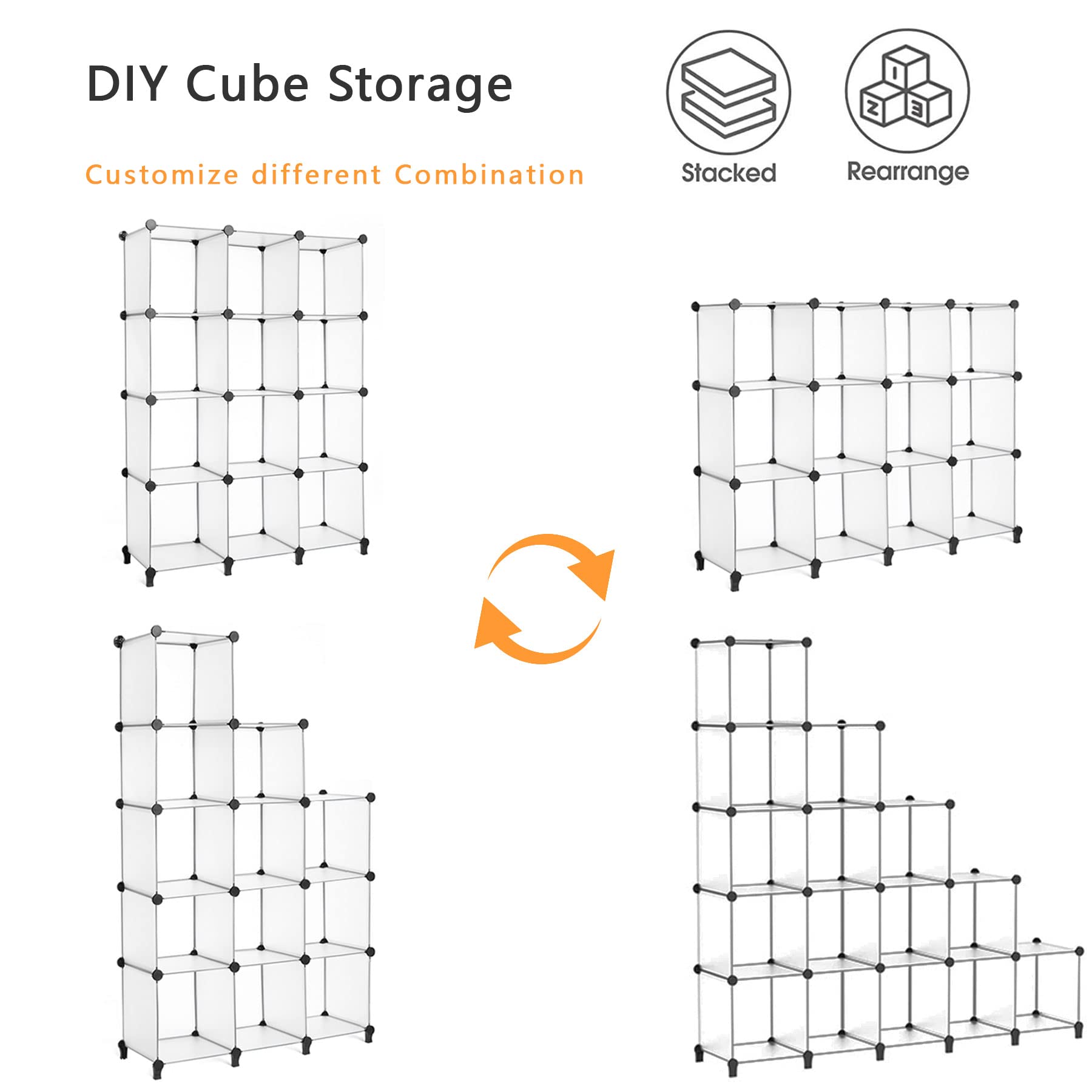 AWTATOS Cube Storage Organizer Modular Storage 12 Cube Bookshelf DIY Plastic Closet Storage Shelves with Wooden Mallet, Ideal Storage Solution for Home, Office, Bedroom, Translucent White