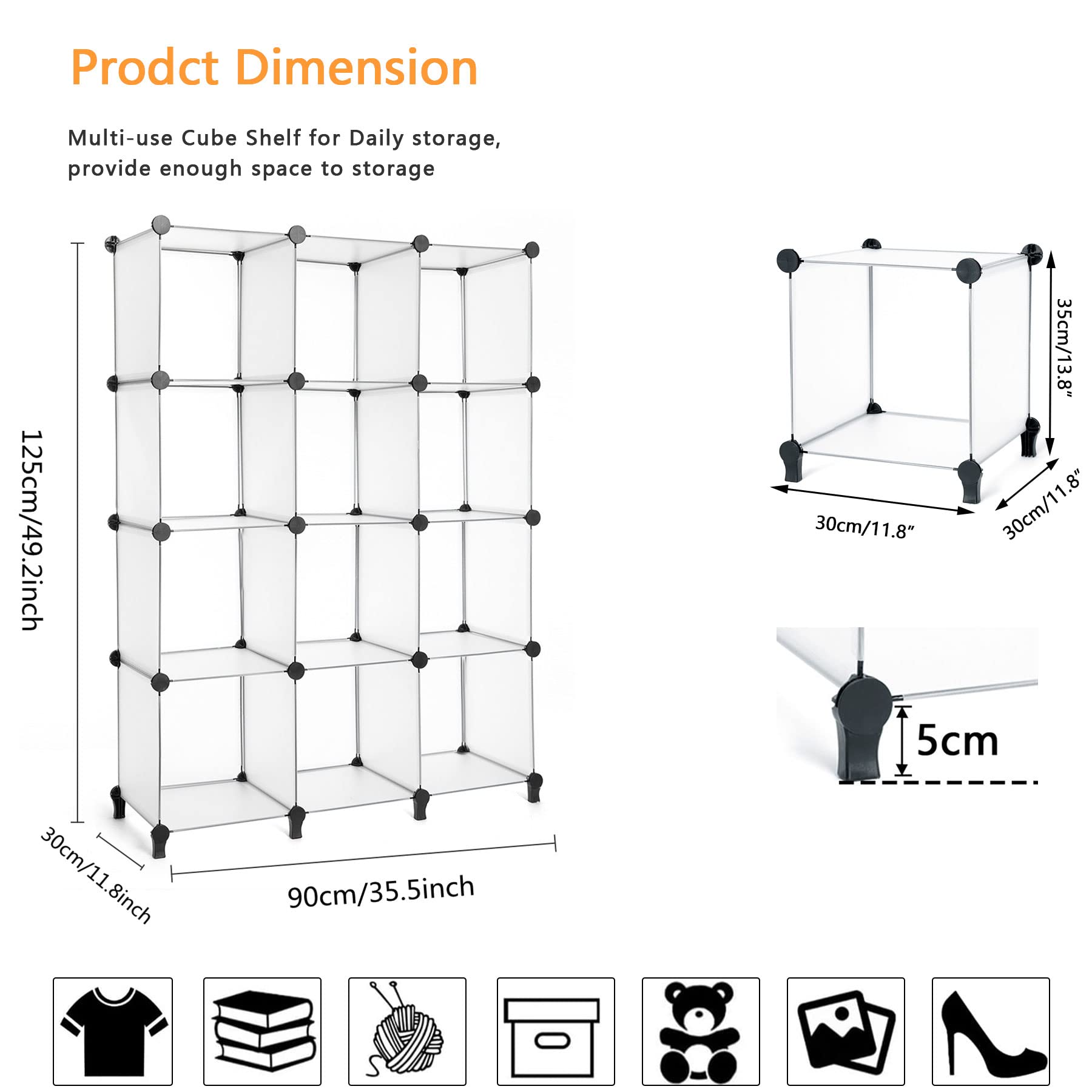 AWTATOS Cube Storage Organizer Modular Storage 12 Cube Bookshelf DIY Plastic Closet Storage Shelves with Wooden Mallet, Ideal Storage Solution for Home, Office, Bedroom, Translucent White