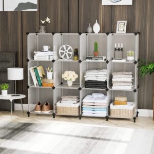 AWTATOS Cube Storage Organizer Modular Storage 12 Cube Bookshelf DIY Plastic Closet Storage Shelves with Wooden Mallet, Ideal Storage Solution for Home, Office, Bedroom, Translucent White