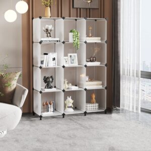 AWTATOS Cube Storage Organizer Modular Storage 12 Cube Bookshelf DIY Plastic Closet Storage Shelves with Wooden Mallet, Ideal Storage Solution for Home, Office, Bedroom, Translucent White