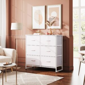 WLIVE Fabric Dresser for Bedroom, 6 Drawer Double Dresser, Storage Tower with Fabric Bins, Chest of Drawers for Closet, Living Room, Hallway, White