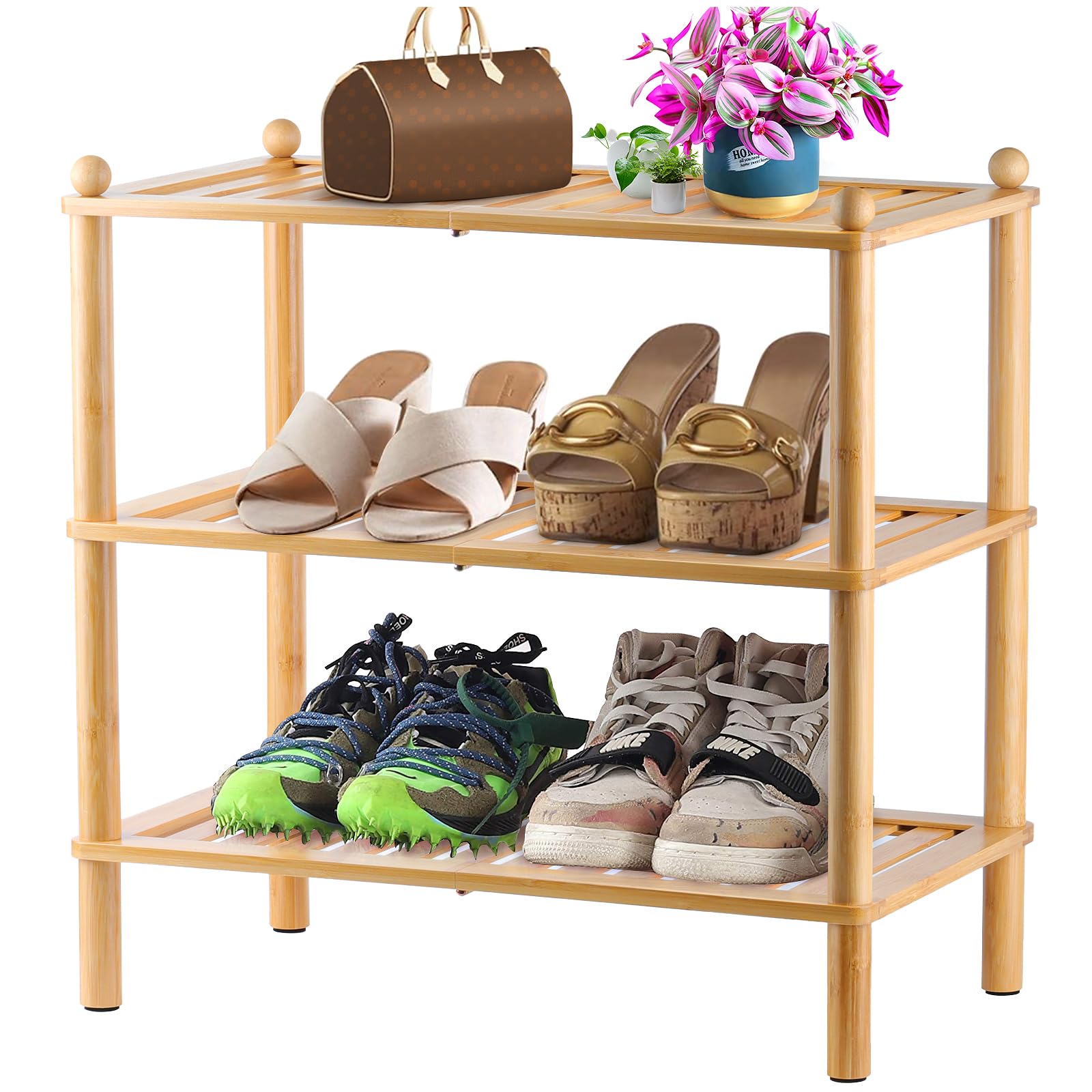 Tohomes 3-Tier Shoe Rack,Shoes Organizer,for Front Door Entrance, Free Standing Shelf Entryway and Closet Hallway, Small Space Stackable Bamboo Multifunctional Racks