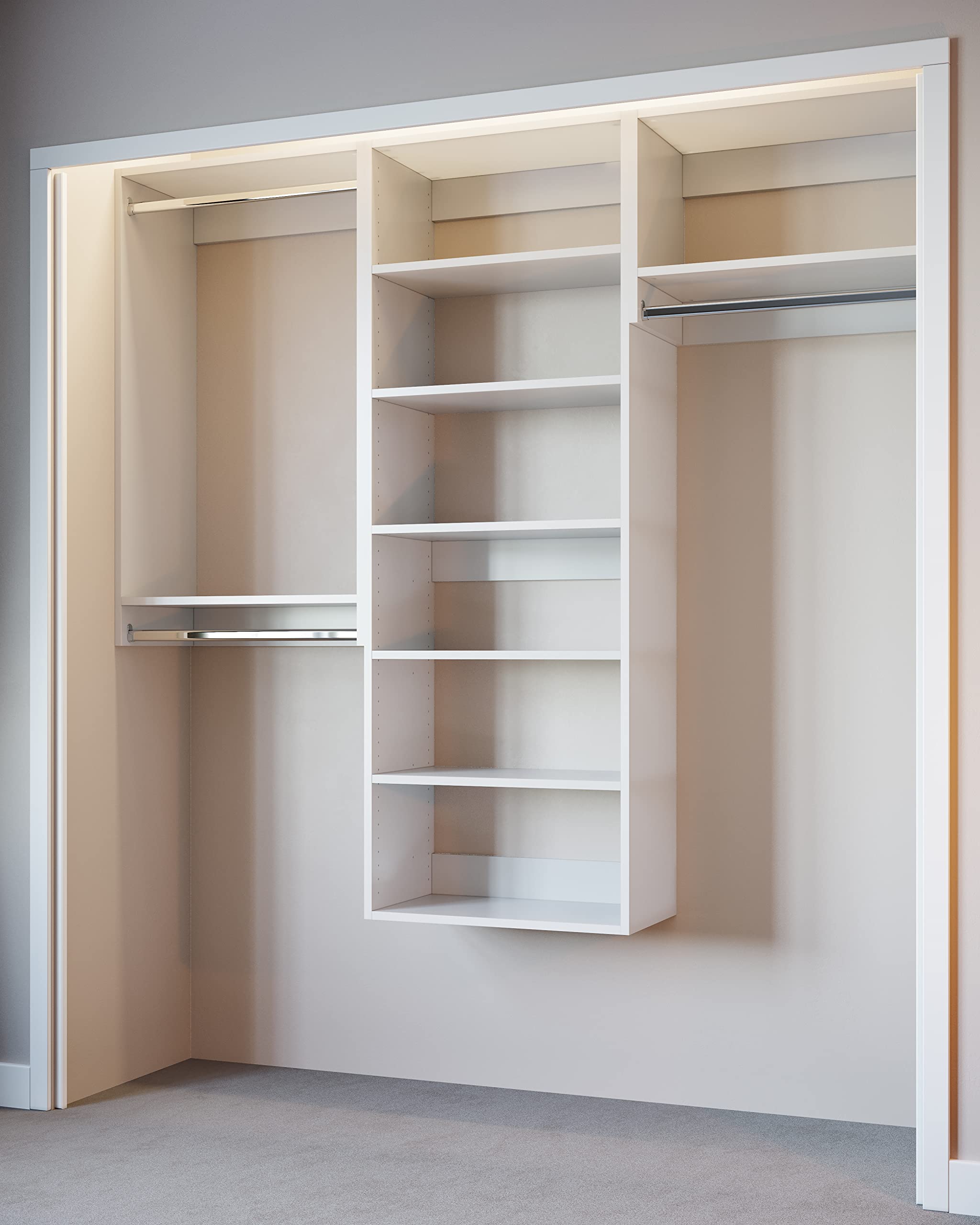 Closet Kit with Hanging Rods & Shelves - Corner Closet System - Closet Shelves - Closet Organizers and Storage Shelves (White, 66 inches Wide) Closet Shelving