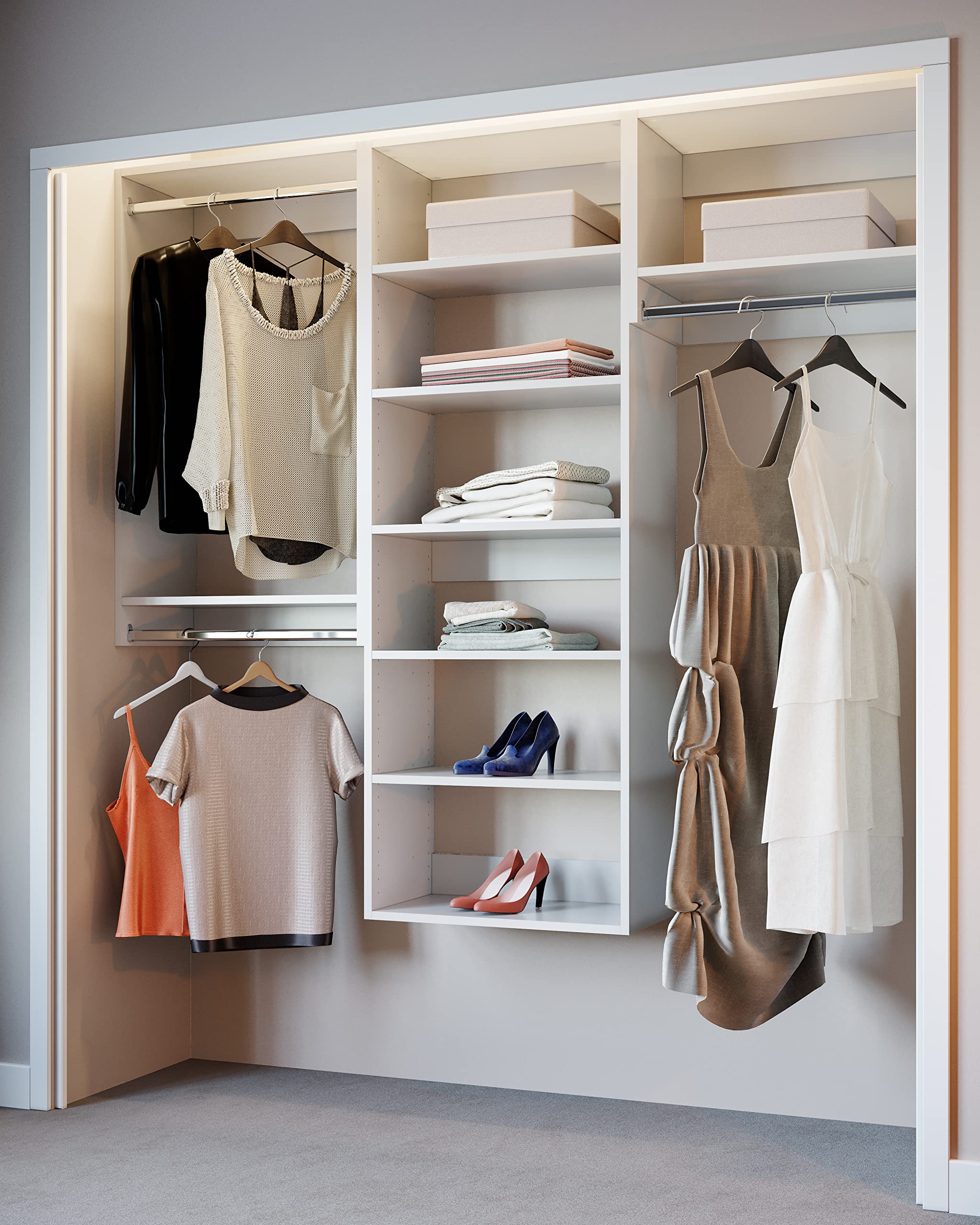 Closet Kit with Hanging Rods & Shelves - Corner Closet System - Closet Shelves - Closet Organizers and Storage Shelves (White, 66 inches Wide) Closet Shelving