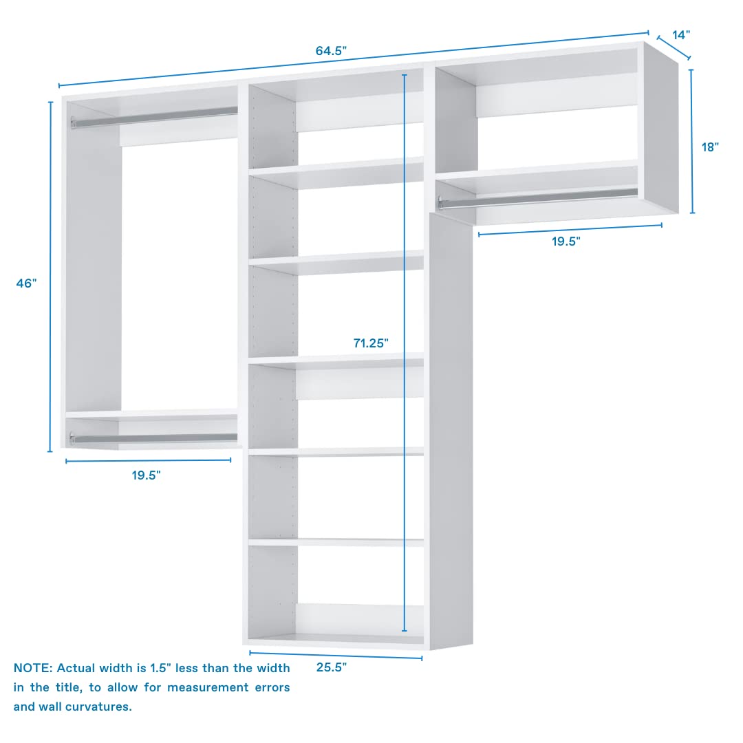 Closet Kit with Hanging Rods & Shelves - Corner Closet System - Closet Shelves - Closet Organizers and Storage Shelves (White, 66 inches Wide) Closet Shelving