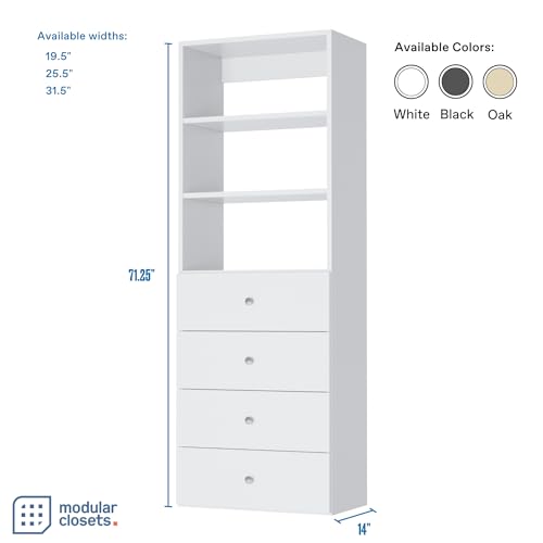 Closet Shelves Tower - Modular Closet System With Drawers (4) - Corner Closet System - Closet Organizers And Storage Shelves (White, 25.5 inches Wide) Closet Shelving