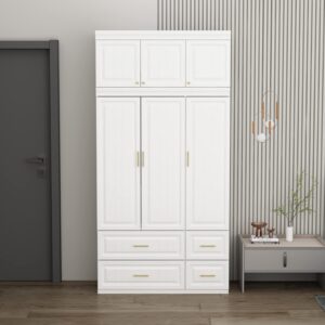 aiegle 3 doors wardrobe armoire with 4 drawers, 47.2" wide large freestanding armoire wardrobe closet with shelves, hanging rod & top storage cabinet, bedroom clothes organizer set, white