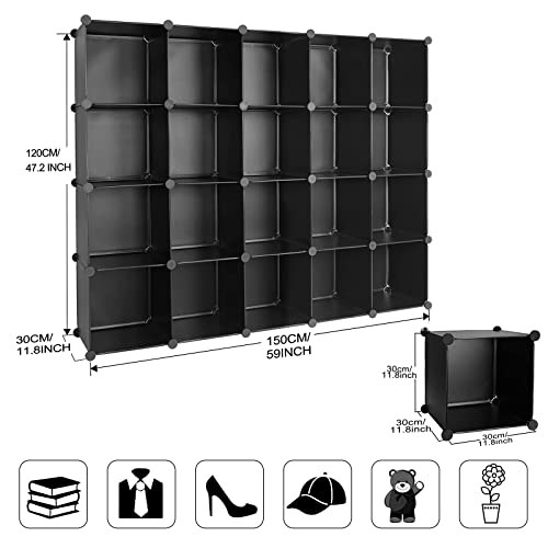 TUMUCUTE Cube Storage Organizer, 20-Cube DIY Plastic Closet Cabinet Modular Bookcase, Storage Shelves for Bedroom Living Room, Office, Black