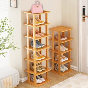 Bamboo Shoe Rack 12 Tier- Vertical Shoe Rack for Small Spaces, Tall Narrow Shoe Rack Organizer for Closet Entryway Corner Garage and Bedroom,Skinny Shoe Shelf with Free Stackable DIY