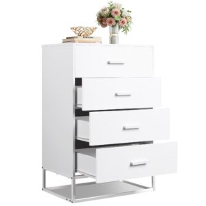 WLIVE Wood Dresser for Bedroom with 4 Drawers, Nightstand, Chest of Drawers, Tall Dresser Drawers with Sturdy Metal Frame for Hallway, Living Room, Closet, White