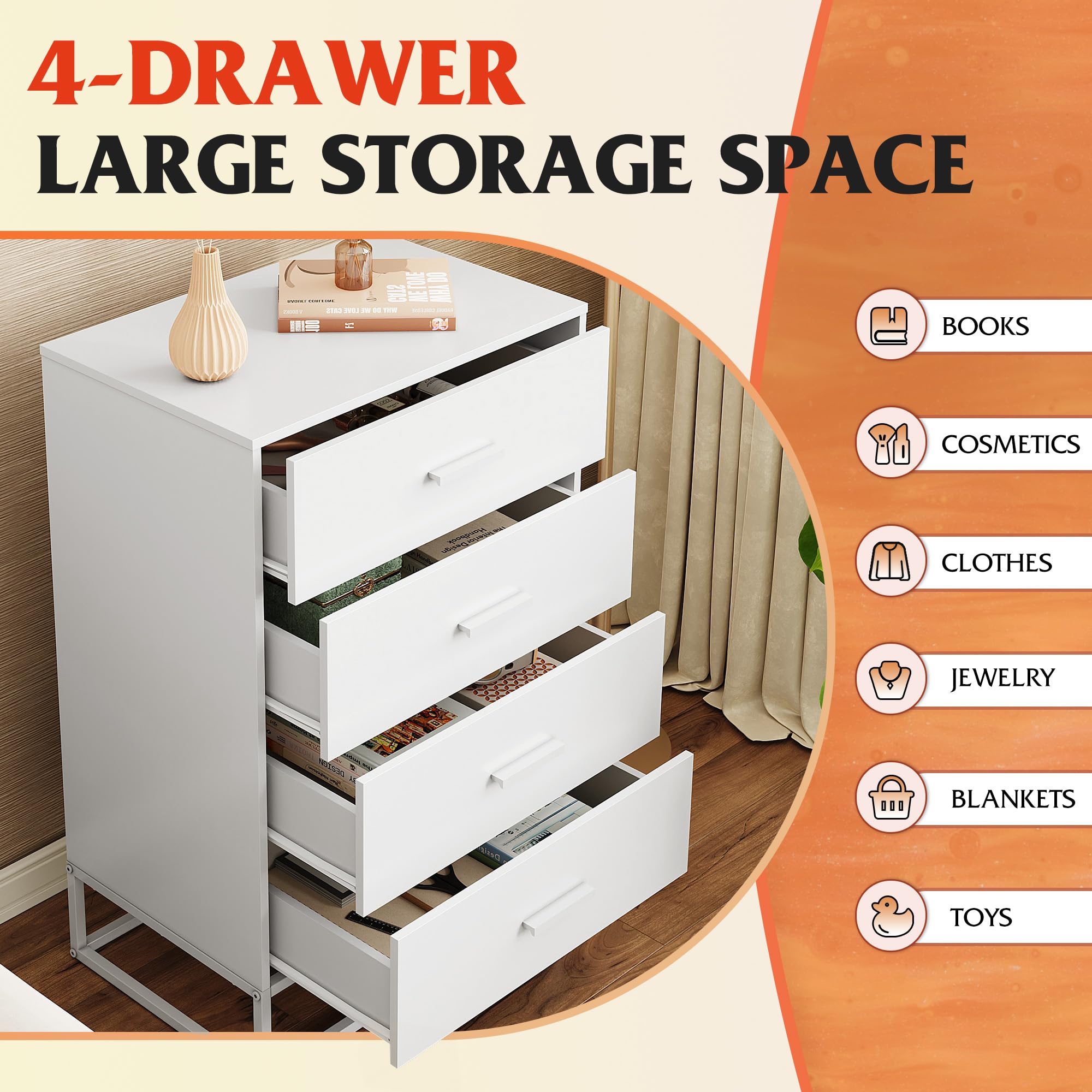 WLIVE Wood Dresser for Bedroom with 4 Drawers, Nightstand, Chest of Drawers, Tall Dresser Drawers with Sturdy Metal Frame for Hallway, Living Room, Closet, White