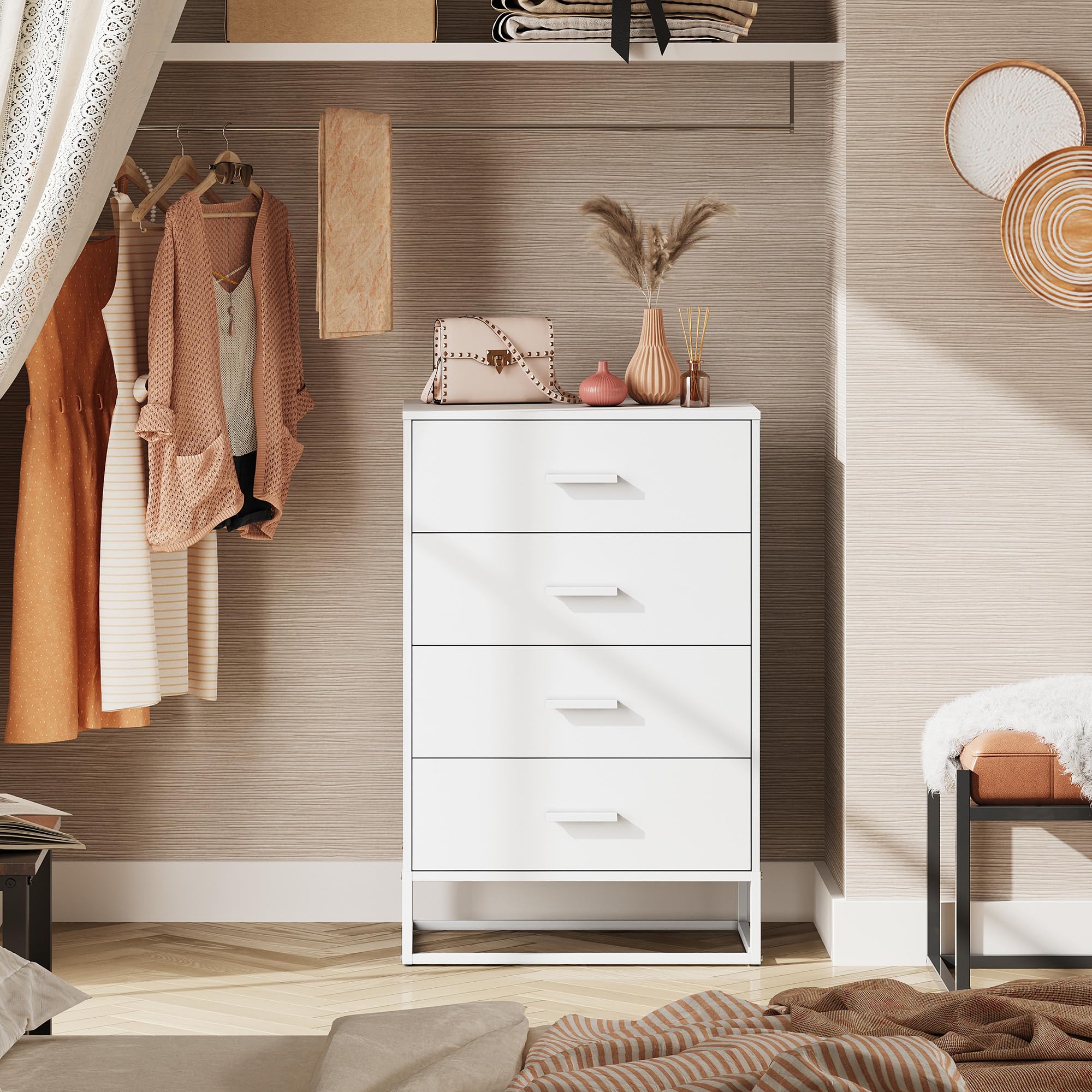 WLIVE Wood Dresser for Bedroom with 4 Drawers, Nightstand, Chest of Drawers, Tall Dresser Drawers with Sturdy Metal Frame for Hallway, Living Room, Closet, White