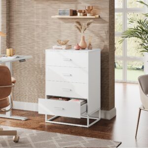 WLIVE Wood Dresser for Bedroom with 4 Drawers, Nightstand, Chest of Drawers, Tall Dresser Drawers with Sturdy Metal Frame for Hallway, Living Room, Closet, White