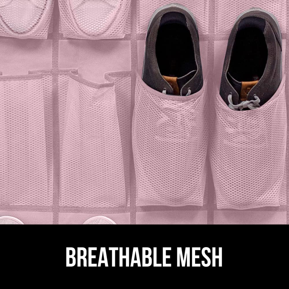 Gorilla Grip Slip Resistant Breathable Space Saving Mesh Large 24 Pocket Shoe Organizer, Up to 40 Pounds, Over the Door, Sturdy Closet Storage Rack Hangs on Closets for Shoes, Sneakers, Lt Pink