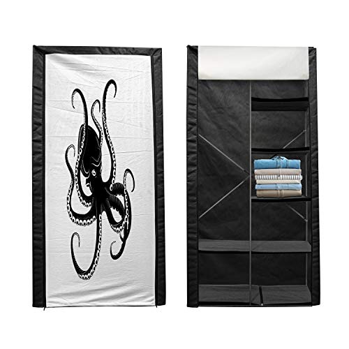 Ambesonne Octopus Portable Fabric Wardrobe, Monochrome Image of a Sea Animal Raising its Tentacles Ready for Attack, Clothing Organizer and Storage Closet with Shelves, 33.5", White Charcoal Grey