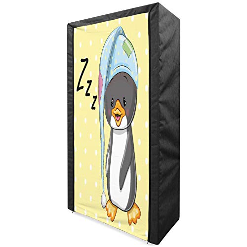 Lunarable Cartoon Portable Fabric Wardrobe, Sleepy Penguin in Hood Ready to Bed Happy Dream Cartoon Art, Clothing Organizer and Storage Closet with Shelves, 33.5", Yellow White Grey