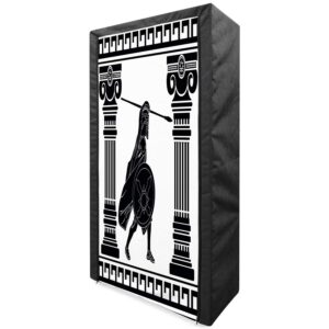 ambesonne retro portable fabric wardrobe, black warrior silhouette ready to attack between ionic palace columns, clothing organizer and storage closet with shelves, 33.5", black white