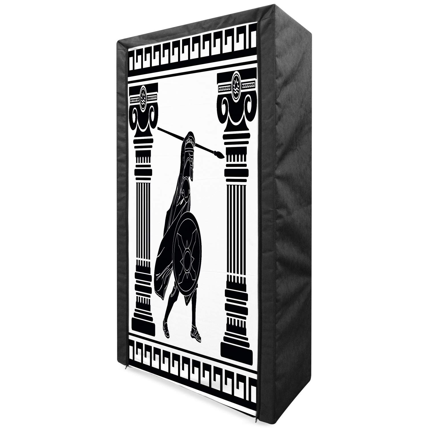 Ambesonne Retro Portable Fabric Wardrobe, Black Warrior Silhouette Ready to Attack Between Ionic Palace Columns, Clothing Organizer and Storage Closet with Shelves, 33.5", Black White