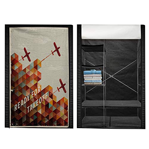 Ambesonne Vintage Airplane Portable Fabric Wardrobe, Ready for Take Off Retro Style Geometric Pattern Triangles Clouds Planes, Clothing Organizer and Storage Closet with Shelves, 42.5", Multicolor