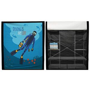 Ambesonne Diver Portable Fabric Wardrobe, Diving is My Life Typography with Fish and Reef Fully Equipped Man Ready to Explore, Clothing Organizer and Storage Closet with Shelves, 59", Multicolor