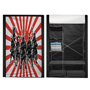 Ambesonne Japanese Portable Fabric Wardrobe, Group of Samurai Ninja Posing and Getting Ready on Unusual Striped Retro Backdrop, Clothing Organizer and Storage Closet with Shelves, 42.5", Red Black