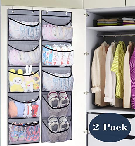 KEETDY Hanging Shelves Over the Door Organizer Storage for Closet with 5 Pockets Organizer for Bedroom Bathroom, 2 Pack（Grey）