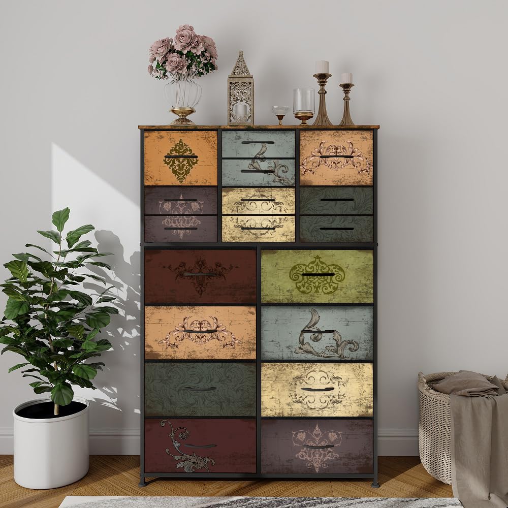 VASICAR Dresser for Bedroom with 18 Drawers, Tall Fabric Storage Dresser, Chest of Drawers for Closet, Nursery, Bedside, Living Room, Laundry, Entryway, Hallway (Pattern)