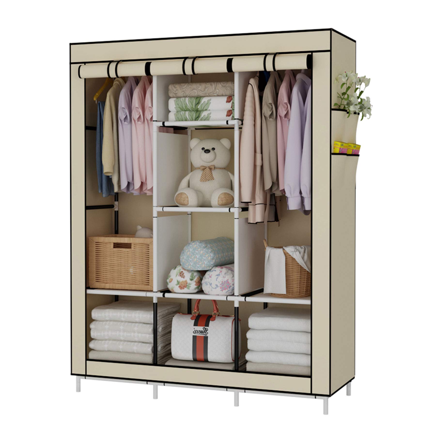 UDEAR Portable Wardrobe Closet Clothes Organizer Non-Woven Fabric Cover with 6 Storage Shelves, 2 Hanging Sections and 4 Side Pockets，Beige