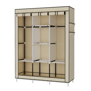 UDEAR Portable Wardrobe Closet Clothes Organizer Non-Woven Fabric Cover with 6 Storage Shelves, 2 Hanging Sections and 4 Side Pockets，Beige