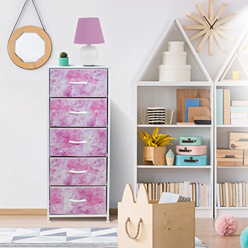 Sorbus Fabric Dresser for Kids Bedroom - Chest of 5 Drawers, Tall Storage Tower, Clothing Organizer, for Closet, for Playroom, for Nursery, Steel Frame, Fabric Bins - Wood Handle (Tie-dye Pink)