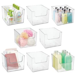 mdesign modern plastic open front dip storage organizer bin basket for bathroom organization - vanity shelf, cubby, cabinet, and closet organizing decor - ligne collection - 8 pack - clear