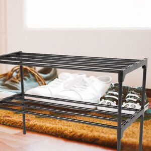 2 Tiers Shoe Shelf Metal Shoe Rack 2- Tier Stackable Shoe Rack Stainless Steel Shoe Organizer Storage Shelf for Bedroom Closet Entryway Black Kids Bookshelf