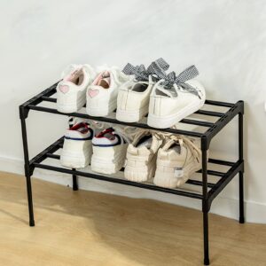 2 Tiers Shoe Shelf Metal Shoe Rack 2- Tier Stackable Shoe Rack Stainless Steel Shoe Organizer Storage Shelf for Bedroom Closet Entryway Black Kids Bookshelf