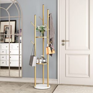 doorxifo metal gold coat racks freestanding, coat hanger stand, hall tree coat rack for hanging hats, scarves, bags, modern coat rack with double shelves, corner coat rack, 9 hooks, gold