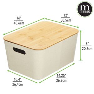 mDesign Modern Fabric Covered Basket with Lid - Stacking Decorative Storage Bin Box with Bamboo Cover for Closet, Living Room, Kitchen, Office Shelf - Holders for Clothing/Accessories, 4 Pack, Cream