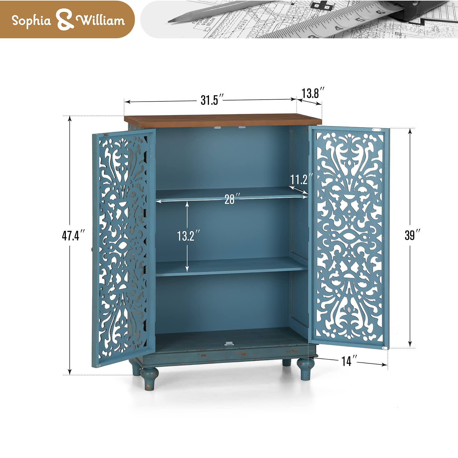 Sophia & William Tall Storage Cabinet 47.4", Decorative Cabinet with Storage, 2-Door Accent Cabinet, for Living Room, Dining Room, Blue