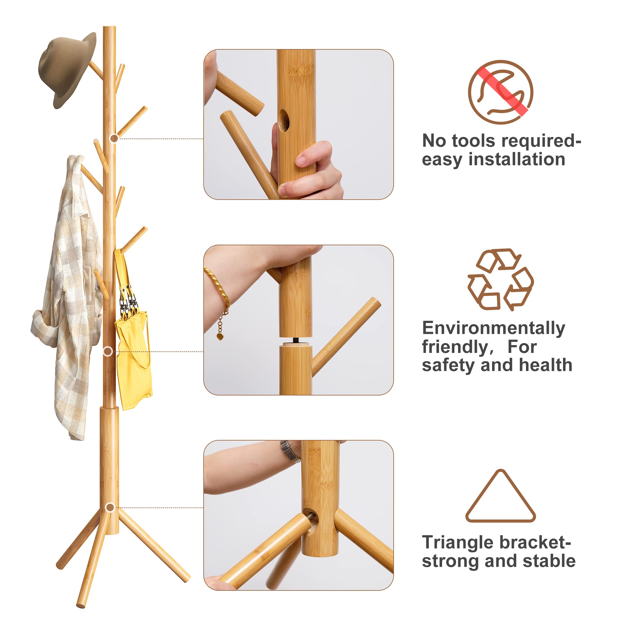 FILWH Bamboo Coat Rack Freestanding Adjustable Coat Tree with 3 Sections & 8 Hooks Easy to Assemble Coat Hanger Stand for Bedroom Office Hallway Entryway Bedroom Coat Rack（Natural）