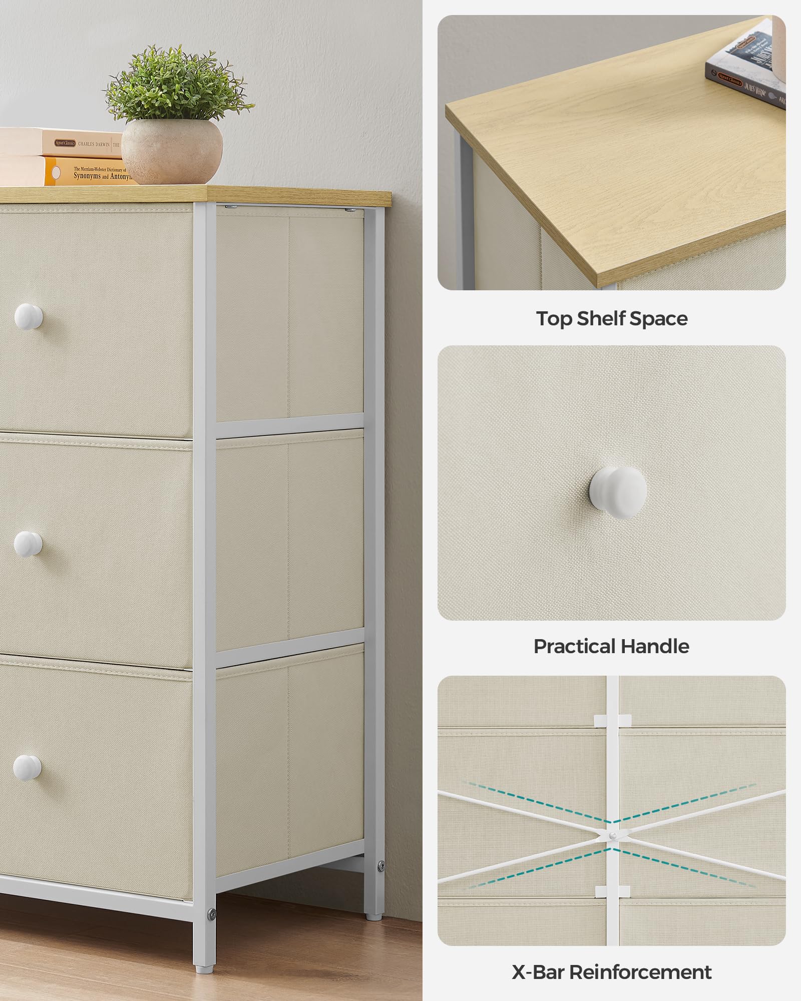 SONGMICS Bedroom, Chest, 6 Drawer, Closet Fabric Dresser with Metal Frame, by The yard, Camel Yellow + Cream White